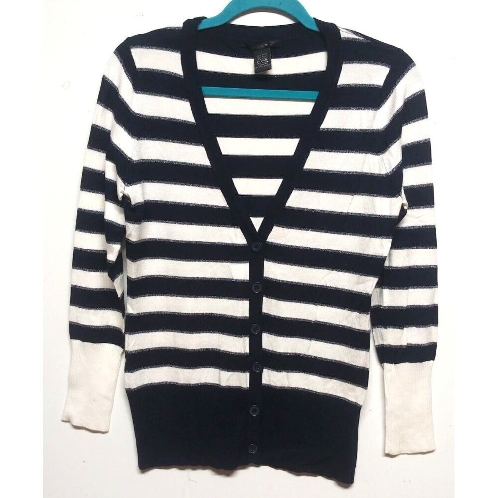 89th & Madison Cardigan sweater Womens Sz L blue white silver long sleeve stretc